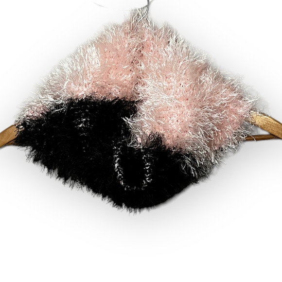 Handmade Women's Hand Knit Pink & Black Fuzzy Faux Fur Yarn Cowl, Neck Warmer - Picture 10 of 11